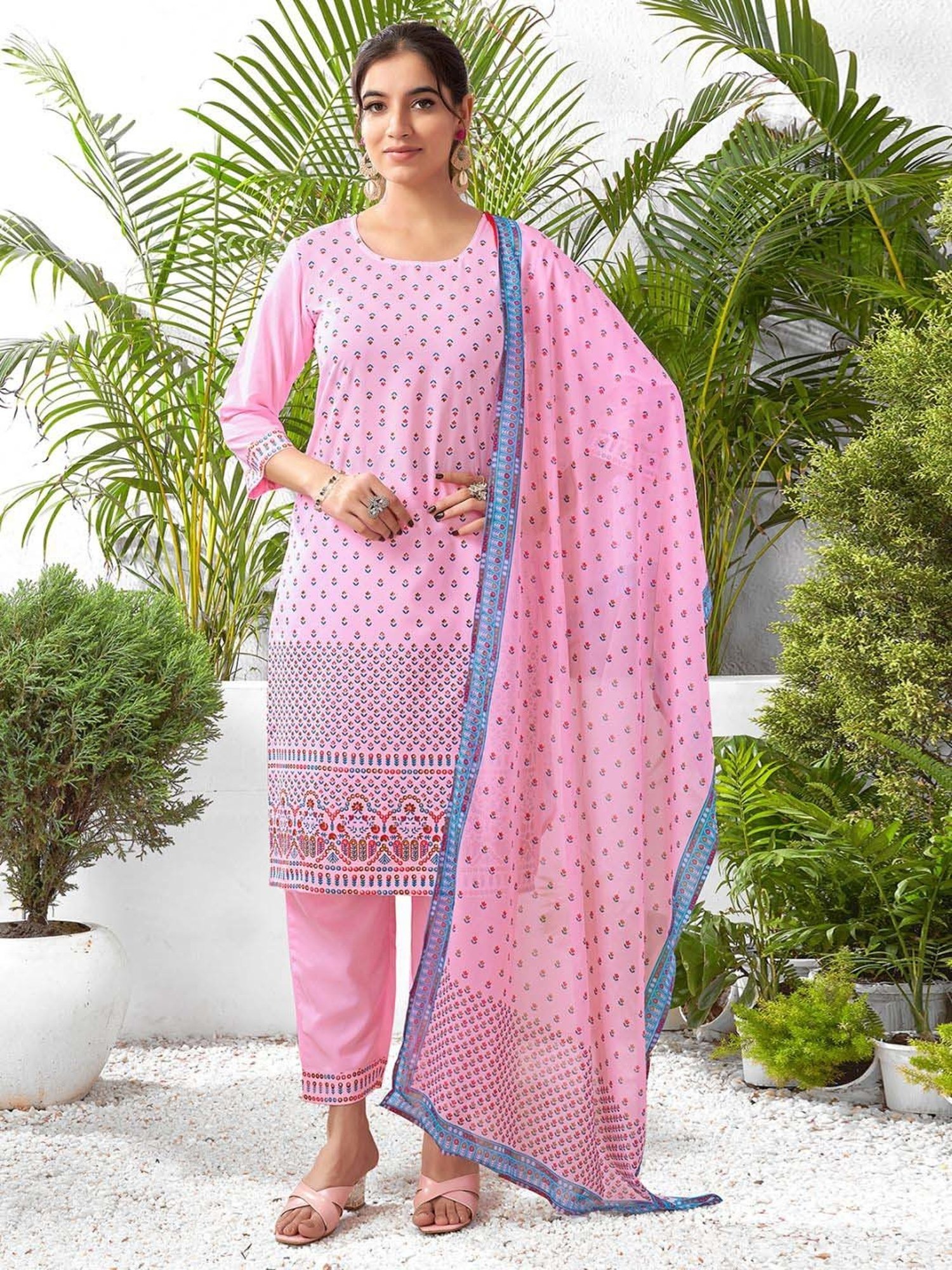 Skylee Pink Printed Kurta Pant Set With Dupatta