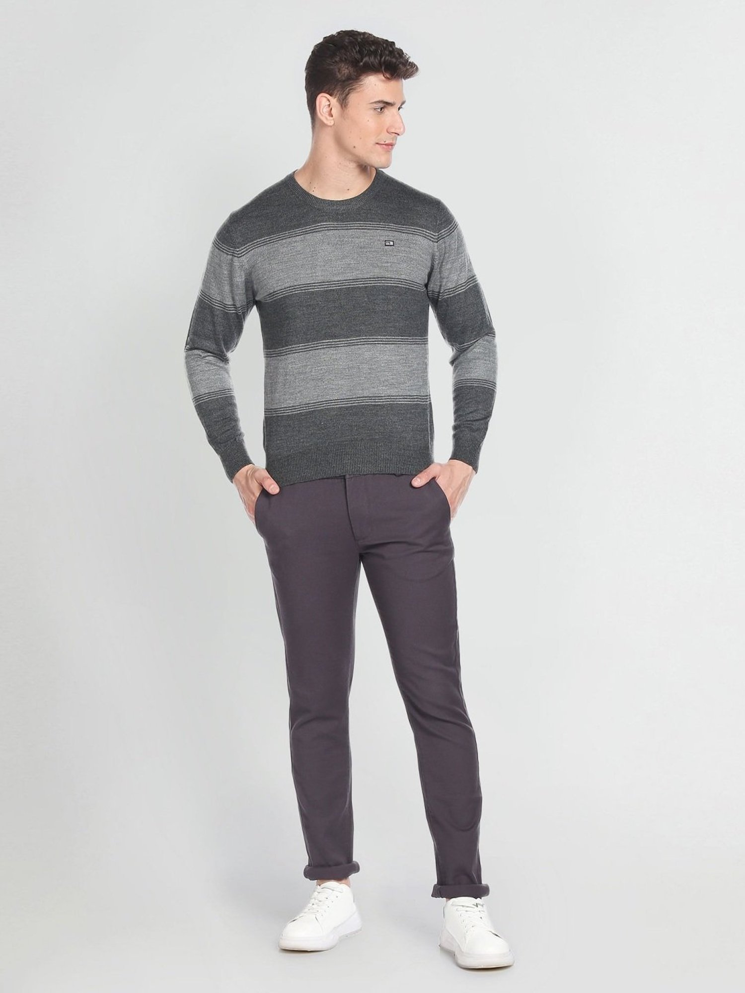 Arrow Sport Grey Regular Fit Striped Sweater