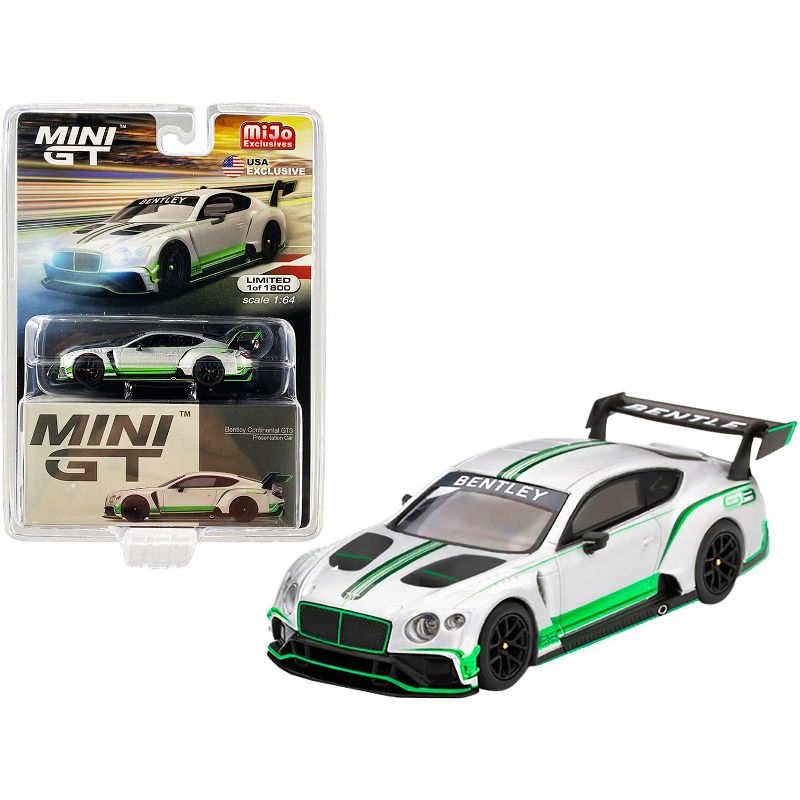 Bentley Continental GT3 (RHD) Presentation Car (2018) Silver with Green Stripes Ltd Ed 1800 pcs 1/64 Diecast Model Car by TSM