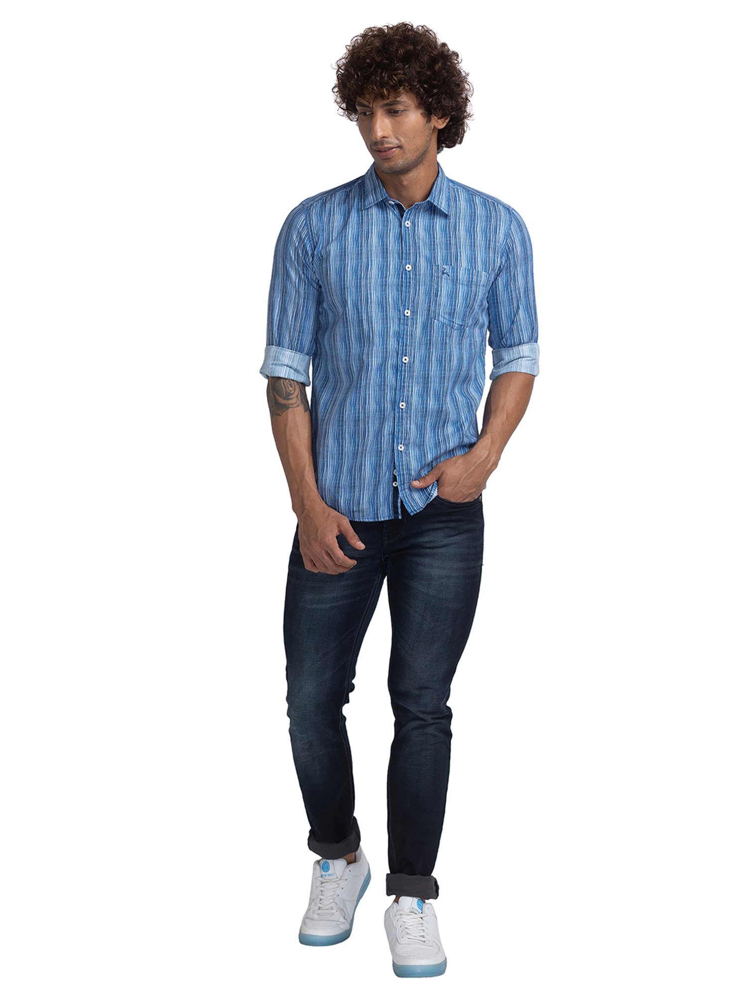 Parx Blue Slim Fit Striped Shirt