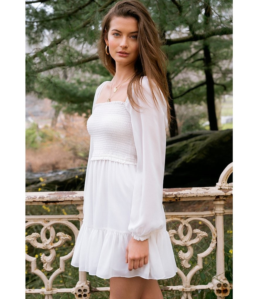 1. STATE Smocked Waist Ruffle Hem Square Neck Long Sheer Sleeve A-Line Dress