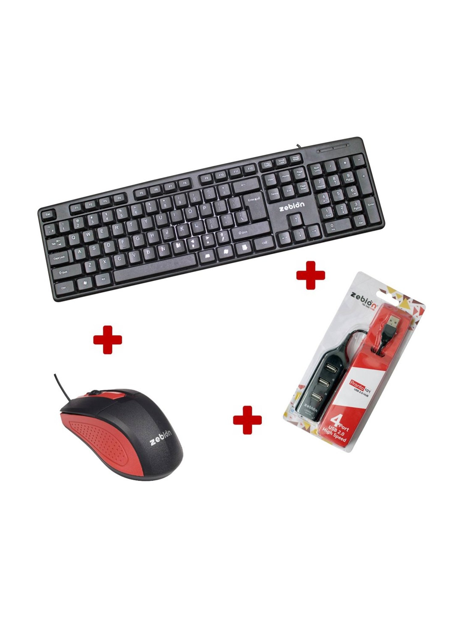 Zebion K500 Wired USB Desktop Keyboard, Swag Wired Mouse & Pronto 101 USB Hub (Black)