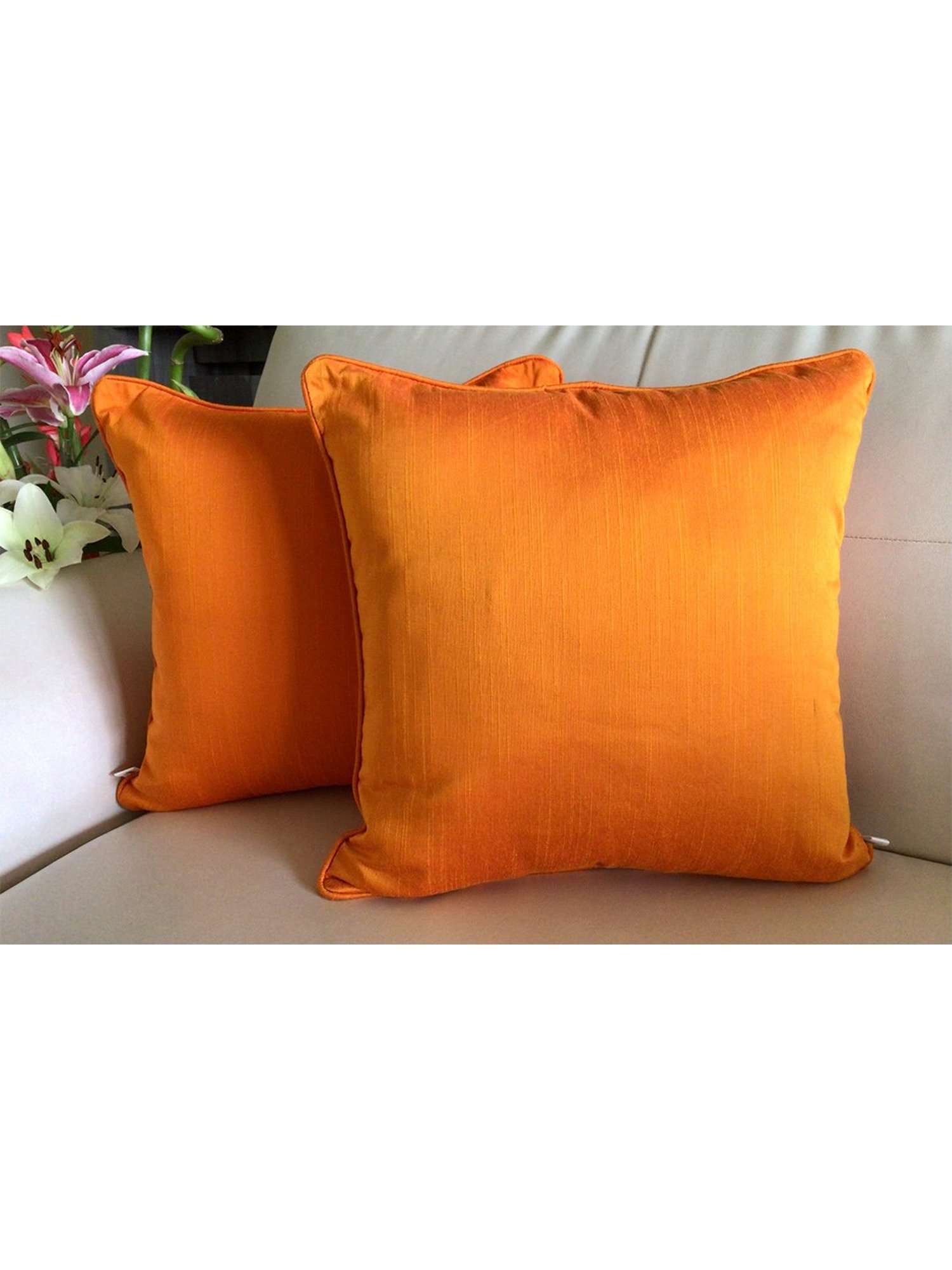 TARA Sparkling Homes Pottery of Poland Orange Cotton Silk Embroidery Cushion Cover