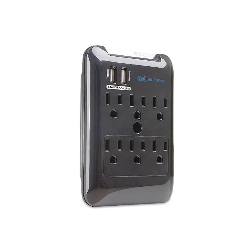 6 Outlet Wall Mount Surge Protector with USB Charging in Black (Updated Version with Dimmed LED Light)