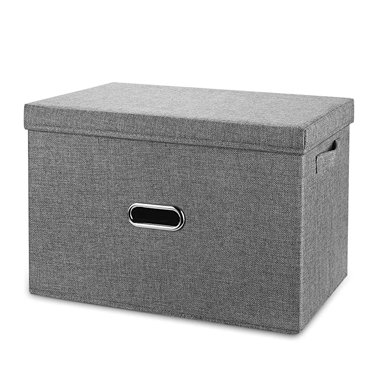 Linen Fabric Collapsible Storage Bins with Removable Lids and Handles, Washable Storage Box Containers Baskets Cube with Cover for Bedroom,Closet,Office,Living Room,Nursery (Grey, Medium)