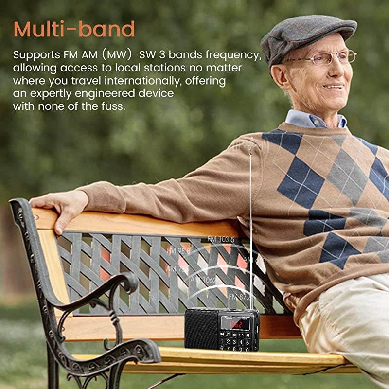 L238 AM FM Portable Radio Digital Battery Operated Radio with Neodymium Speaker SW Band Auto Save USB Flash Drive TF Card AUX Input MP3 Player Black