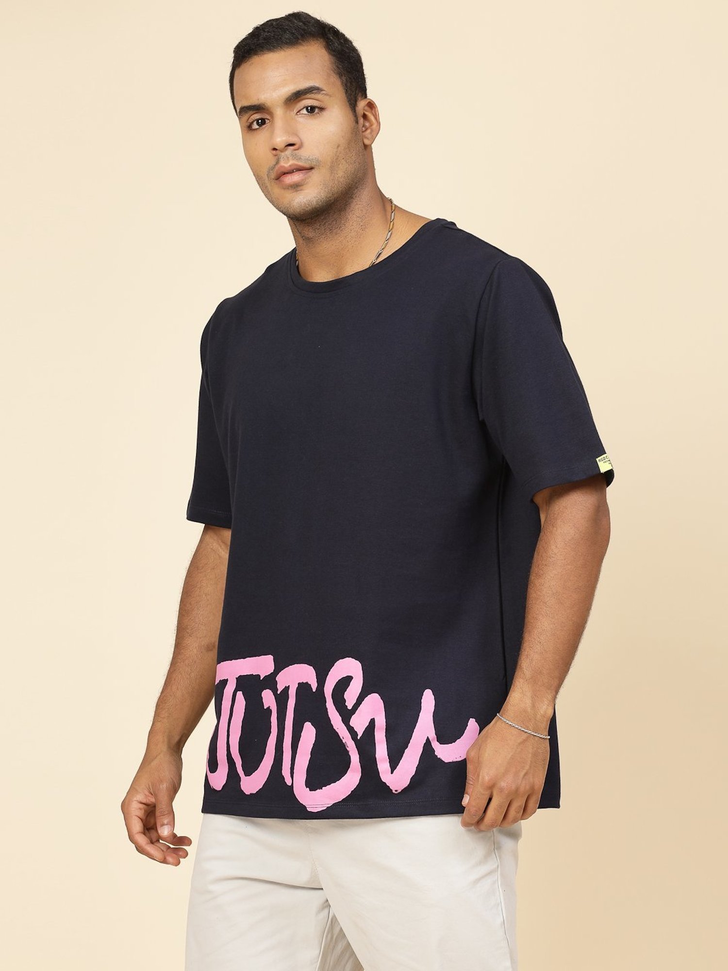 Rigo Navy Cotton Loose Fit Typography T-Shirt