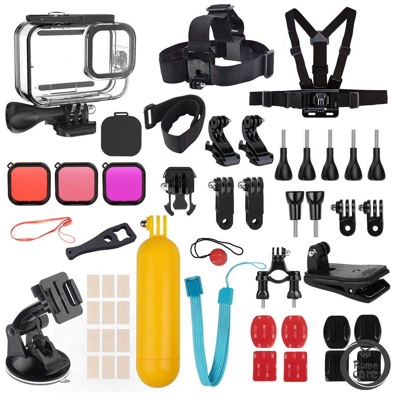 ROME CARE 46 in 1 Accessories Kit with GoPro HERO9 Black, Waterproof Housing Case + Dive Filters + Lens Cover + Head Chest Strap + Bike Mount + Floating Grip Accessory Compatible with Hero 9