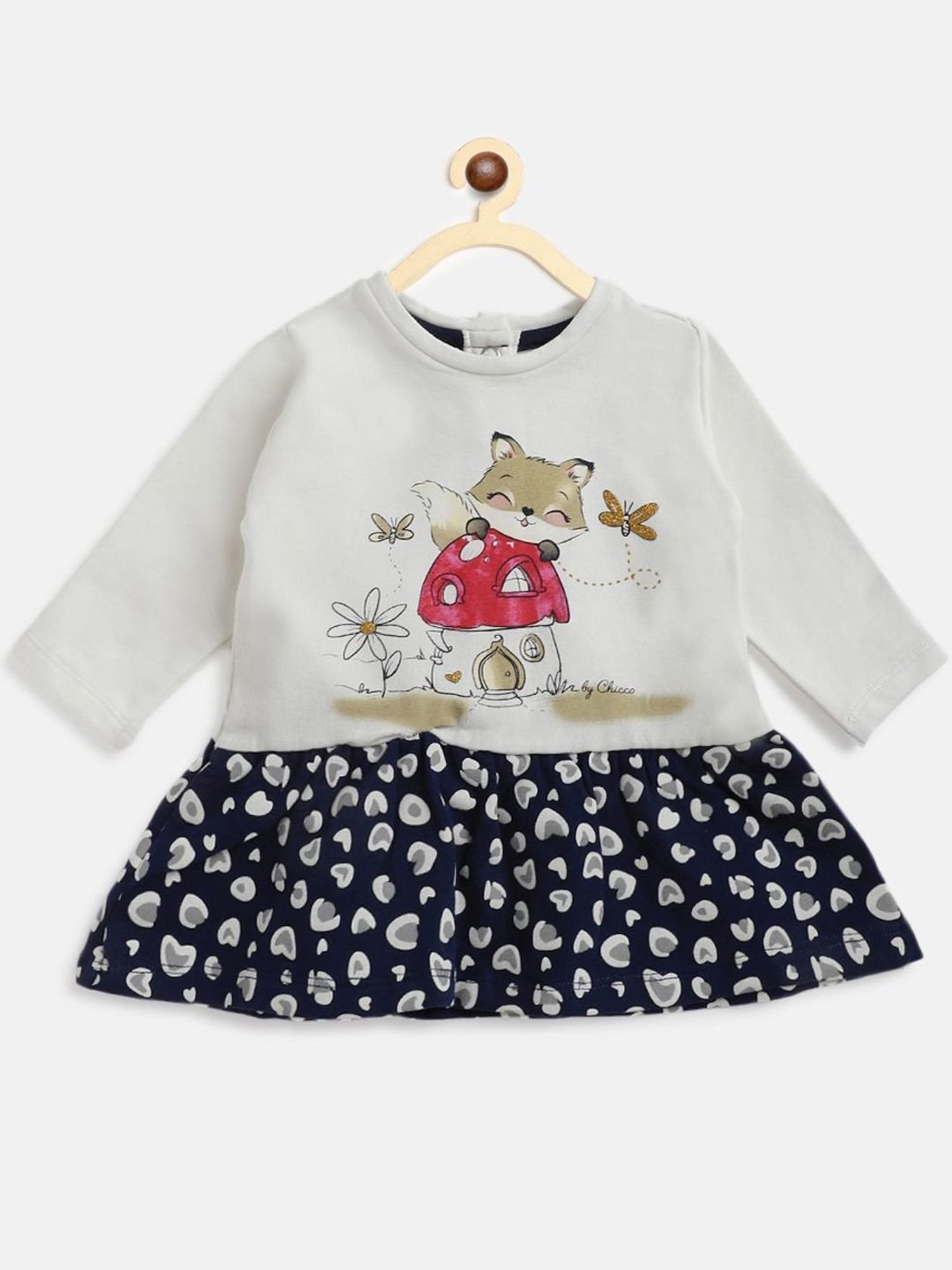 Chicco Kids White & Blue Cotton Printed Full Sleeves Dress