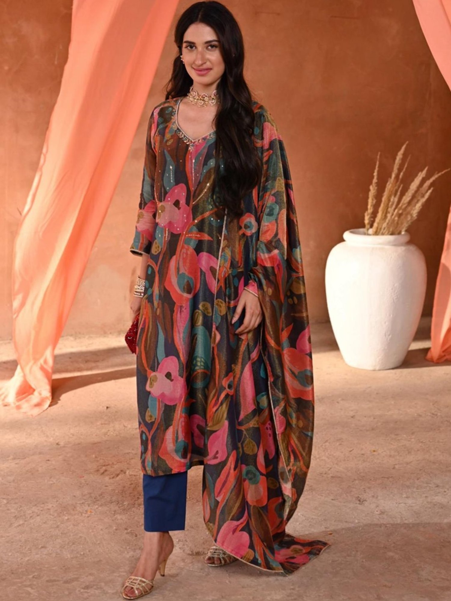 Mahee Jaipur Blue & Pink Begonia Shimmer Organza Kurta with Pant and Dupatta