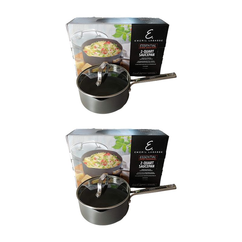 Emeril Lagasse Nonstick Hard Anodized Versatile 2 Quart Cooking Sauce Pan with Easy Pour Spout and Straining Lid, Gray (2 Pack)