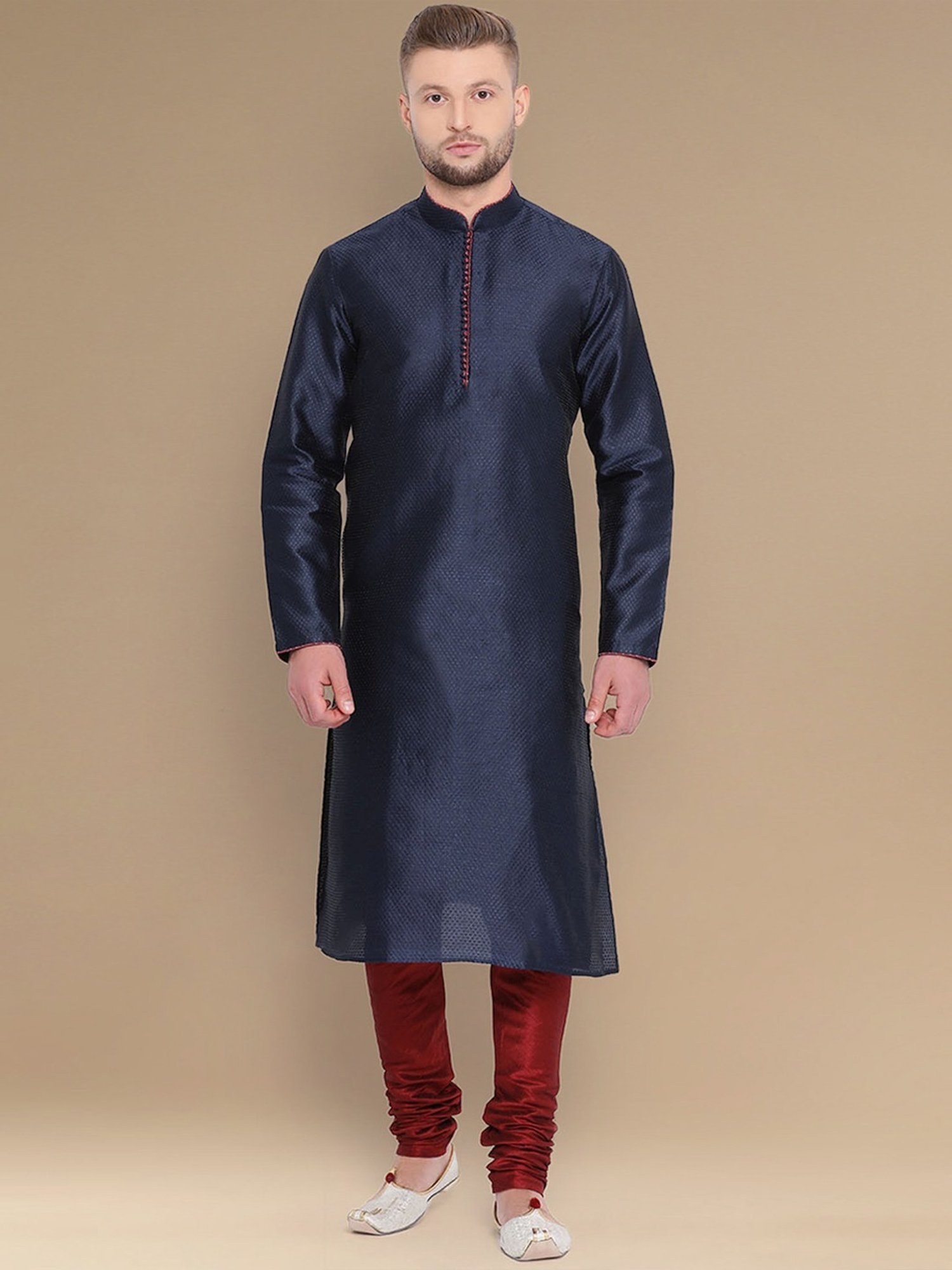 Sanwara Navy & Maroon Cotton Regular Fit Embroidered Kurta Bottom Set