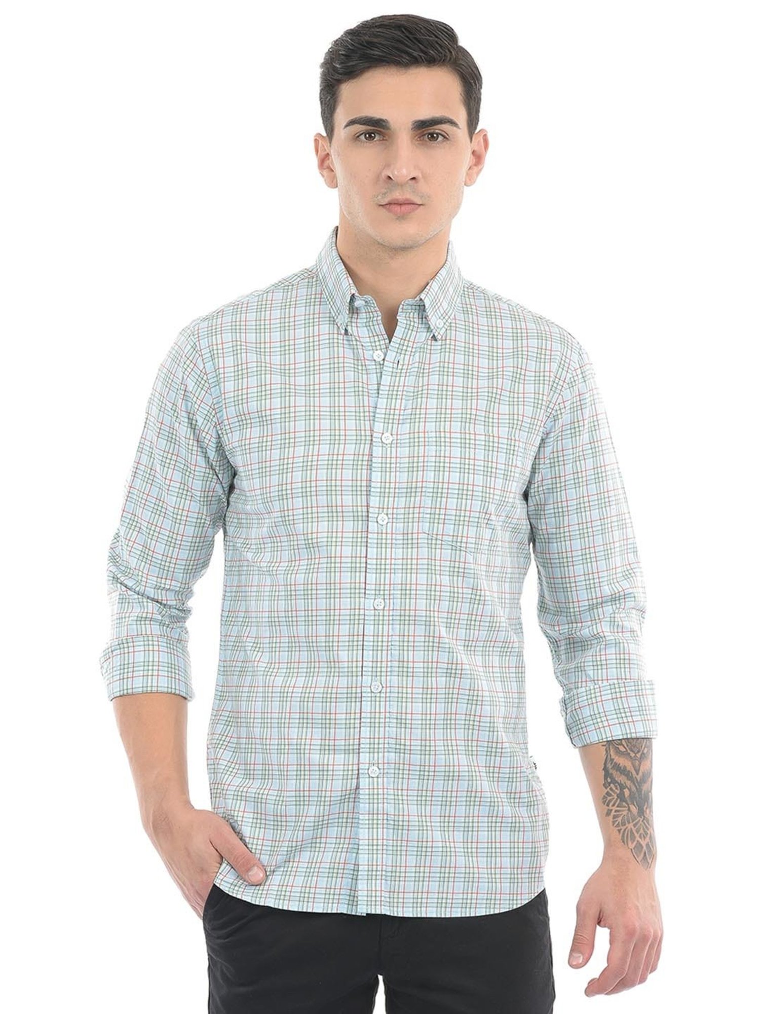 London Fog Light Blue Regular Fit Check Cotton Shirt