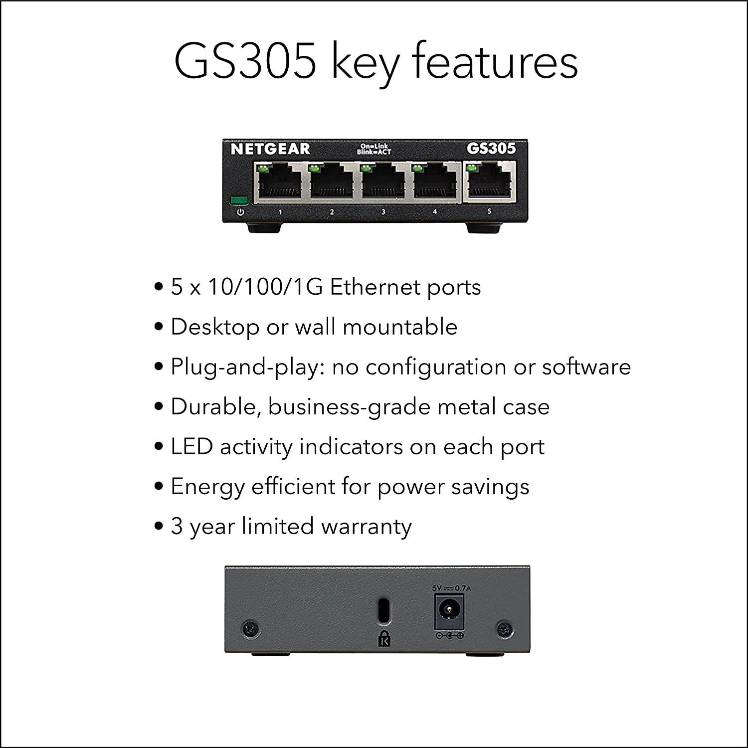 5-Port Gigabit Ethernet Unmanaged Switch (GS305) - Home Network Hub, Office Ethernet Splitter, Plug-and-Play, Fanless Metal Housing, Desktop or Wall Mount