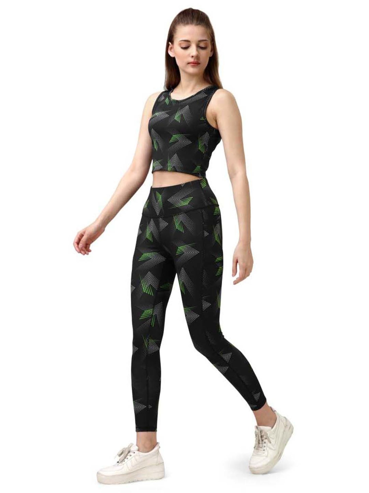 Soie Black Printed Sports Crop Top Tights Set