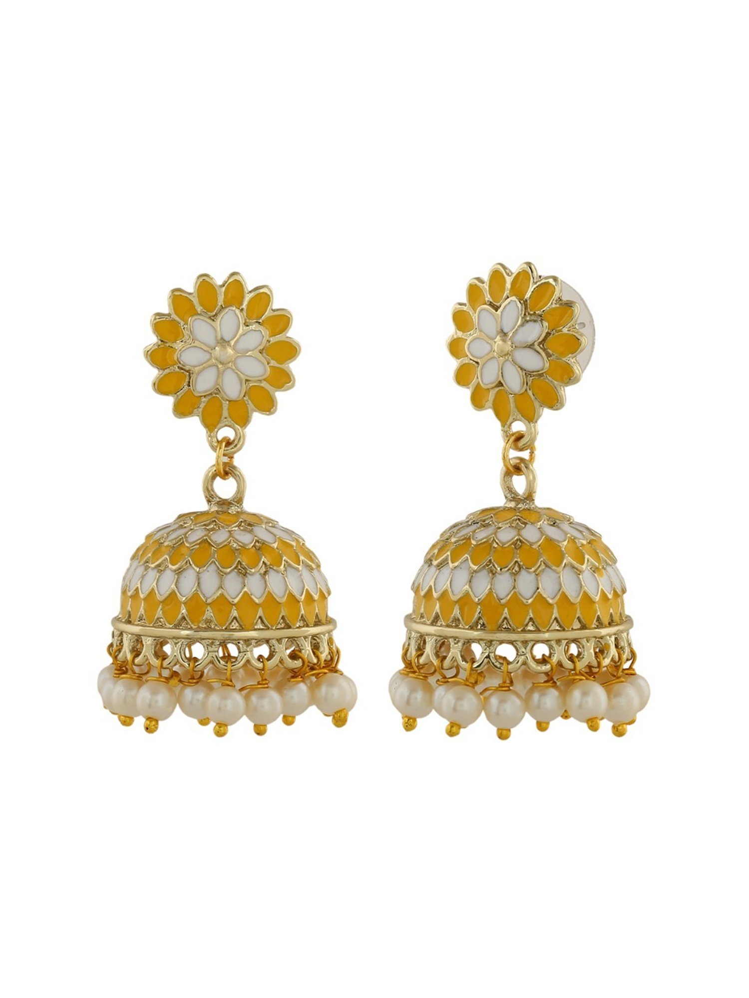 Estele Gold-Plated Traditional Yellow Meenakari Jhumki Earrings