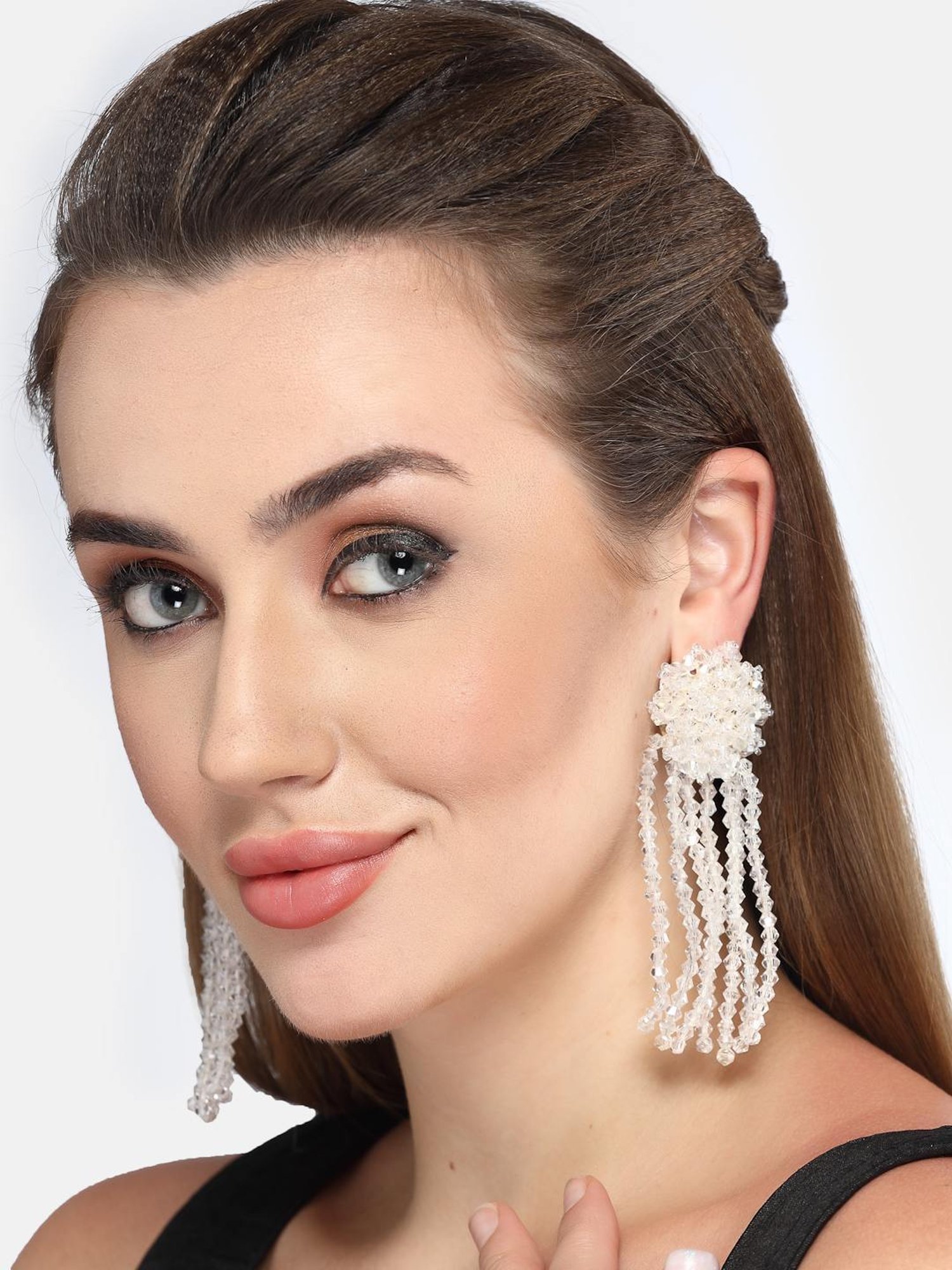 Moedbuille Crystals Floral Contemporary Design Layered Tasselled Earrings