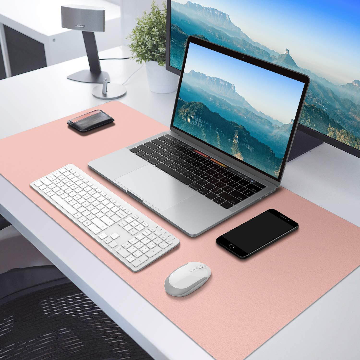 MoKo Computer Desk Mat - PU Large Extended Gaming Mouse Pad, Non-Slip Keyboard Mouse Mat, Waterproof Office Writing Desk Pad Protector, 31.5 x 15.7 x 0.08 Inch - Double Side Light Pink/Silvery Gray