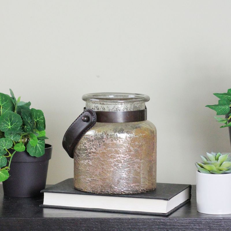 Kaemingk 6.25" Antique Gold Glass Hurricane with Handle Christmas Tabletop Decor