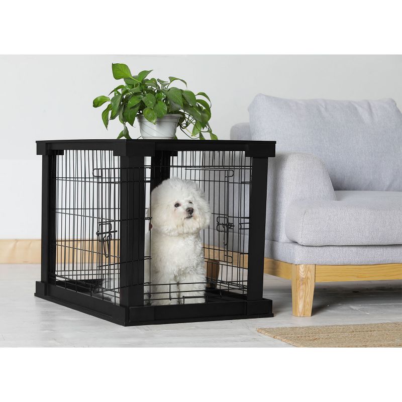 Merry Products 2 Door Decorative Pet Kennel with Wooden Protection Cover, Divider Insert, and Removable Tray End or Side Table, Black