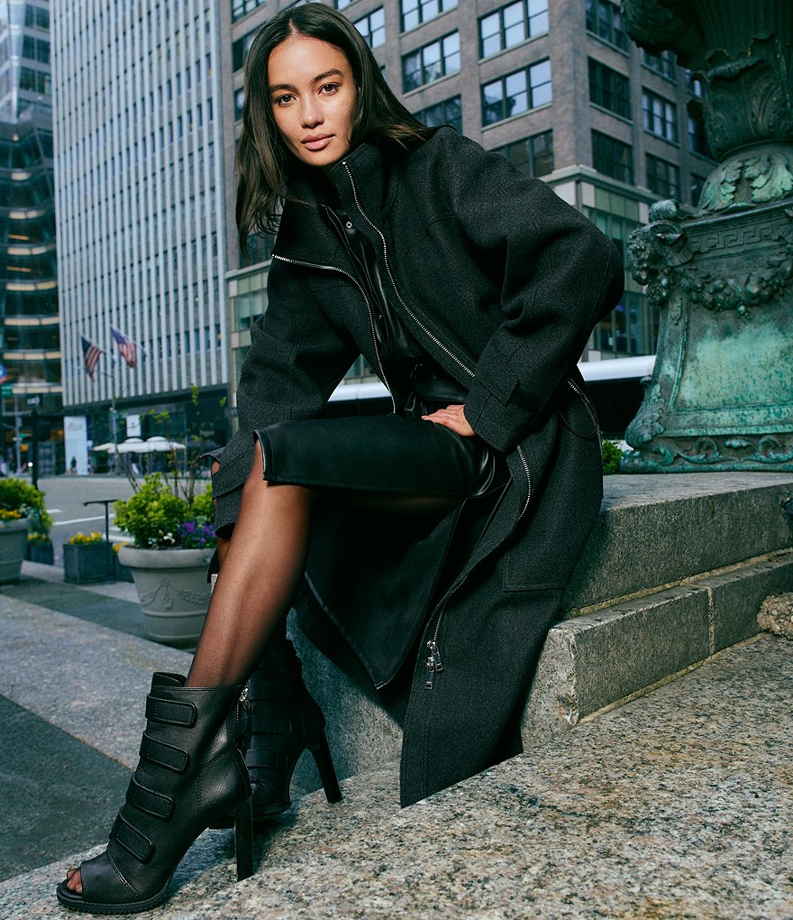 DKNY Blake Strappy Leather Peep Toe Stiletto Booties