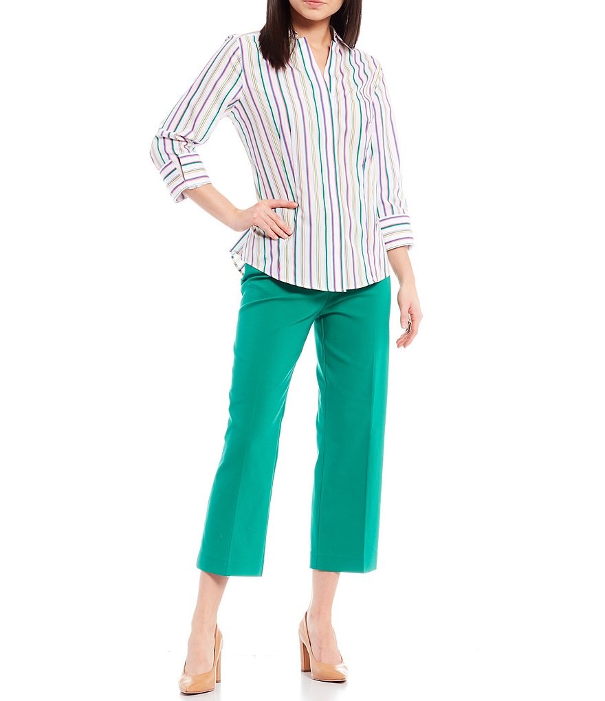 Investments Petite Size Taylor Gold Label Non-Iron Y-Neck 3/4 Sleeve Button Front Striped Shirt