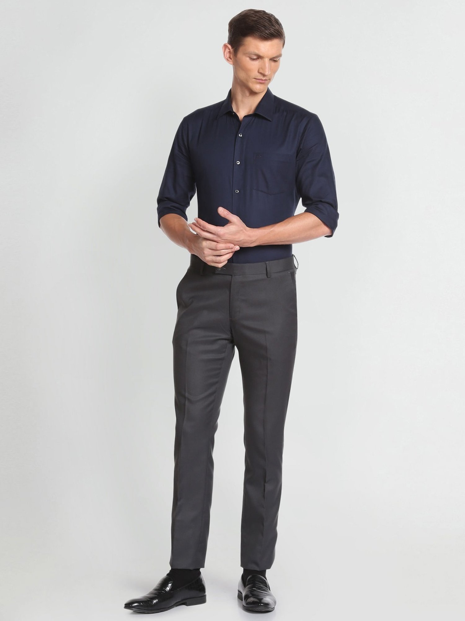 Arrow Grey Regular Fit Self Pattern Trousers