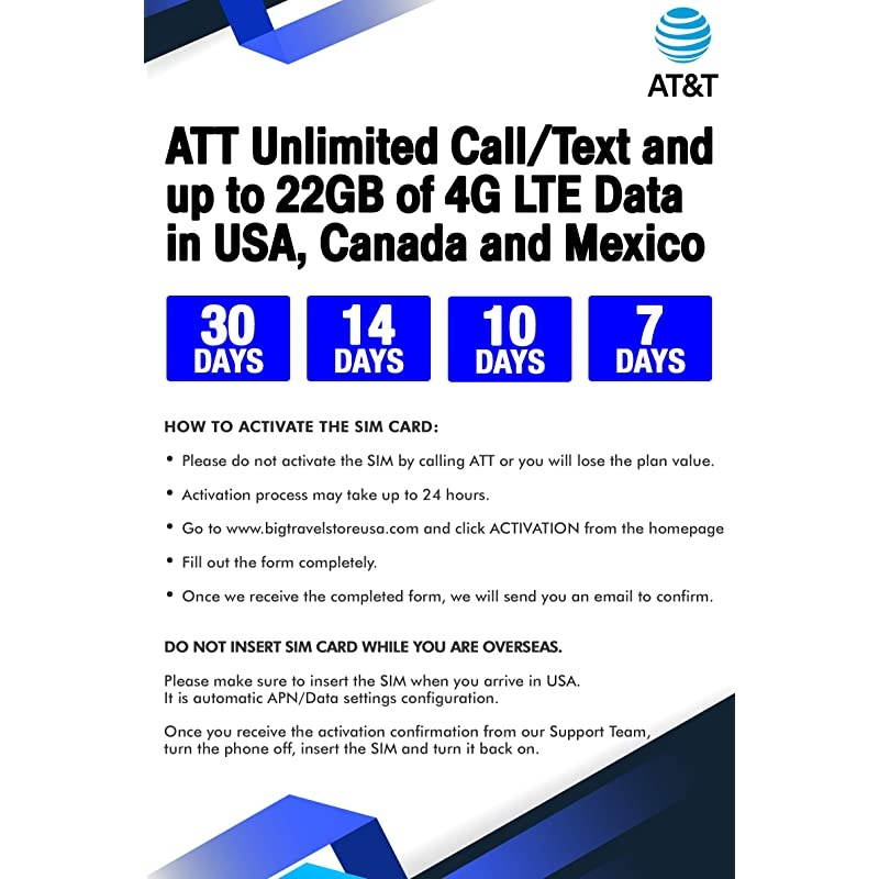 Unlimited CallText and up to 22GB of 4G LTE Data in USA Canada and Mexico 18 Days