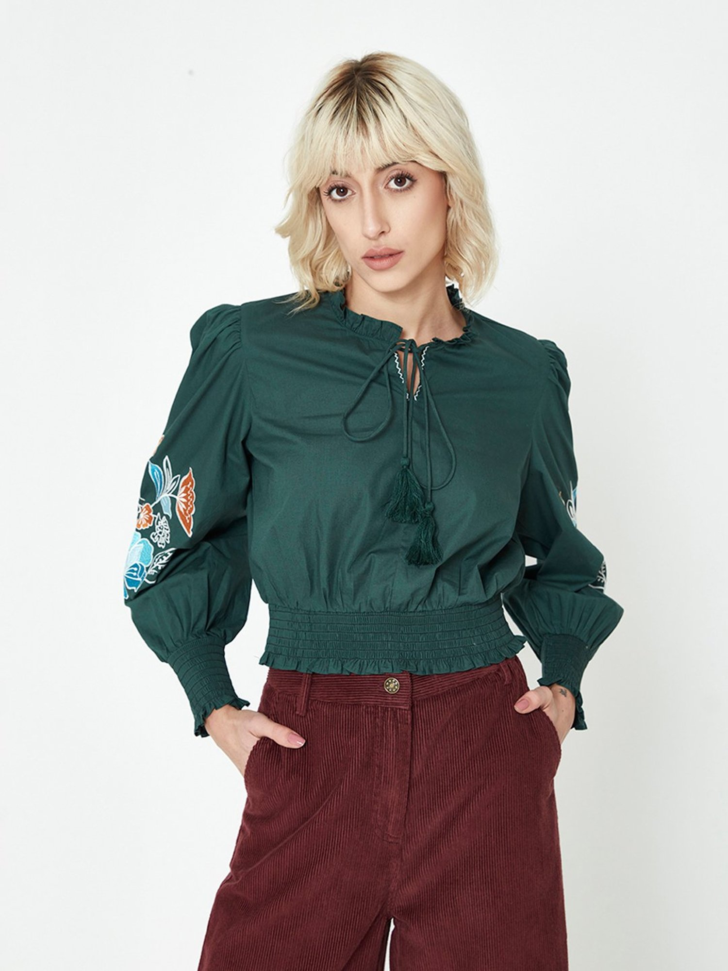 Cover Story Green Embroidered Crop Top