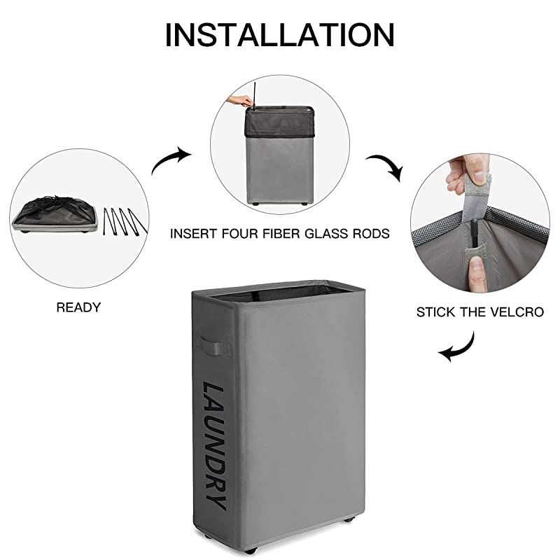 Laundry Hamper With Wheels Slim Laundry Basket Foldable Dirty Clothes Basket Portable Rolling Laundry Organizer for Corner Narrow (22 inches, Grey)