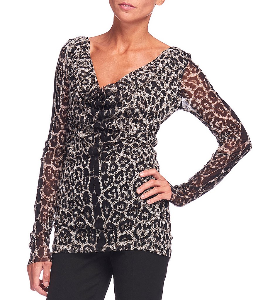 FUZZI Tulle Mesh Iconic Leopard Print Drape V-Neck Long Sleeve Top
