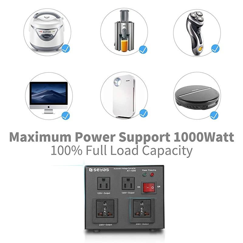 1000W Auto Step Up & Step Down Voltage Transformer Converter, 110-120 to 220-240 Volts, Soft Start & Full Load, 7x24hrs Continous Run, Circuit Breaker Protection, U.S. Patent No. US9225259 B2