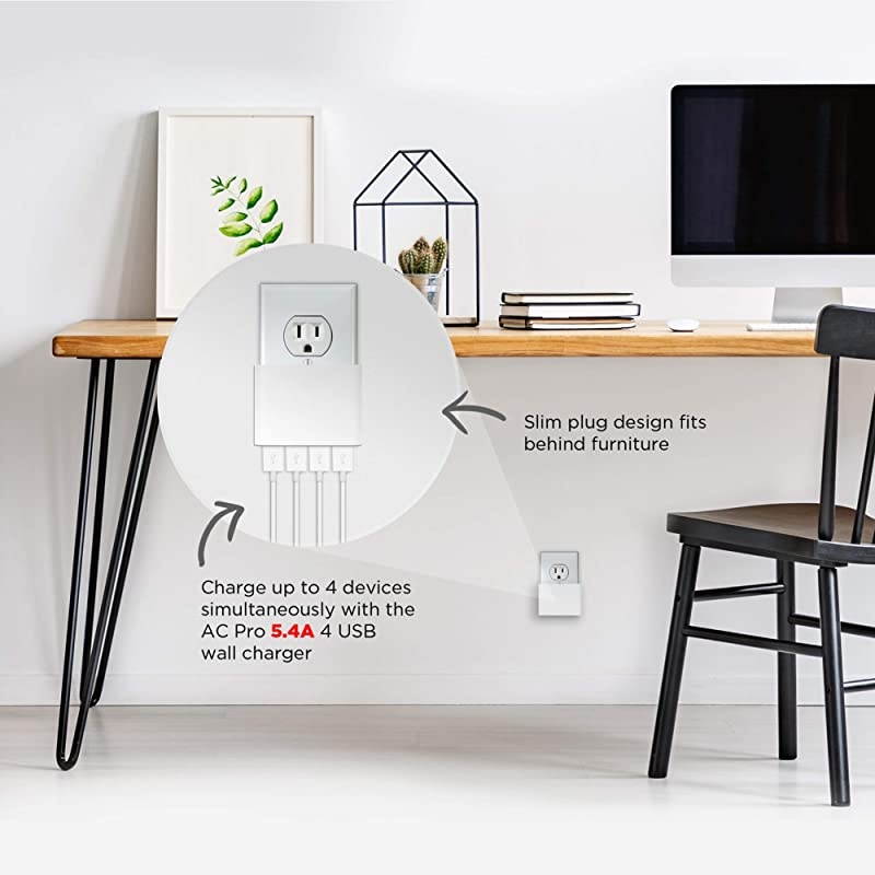 AC Pro 5.4 Amp 4-Port USB Wall Charger, Flat Foldable Plug for iPhone 12/12 Pro/12 Pro Max/ 11/11 Pro/11 Pro Max/Xs,/Xs Max/XR/X/8/Airpods, iPad, Samsung Galaxy Android & More, White