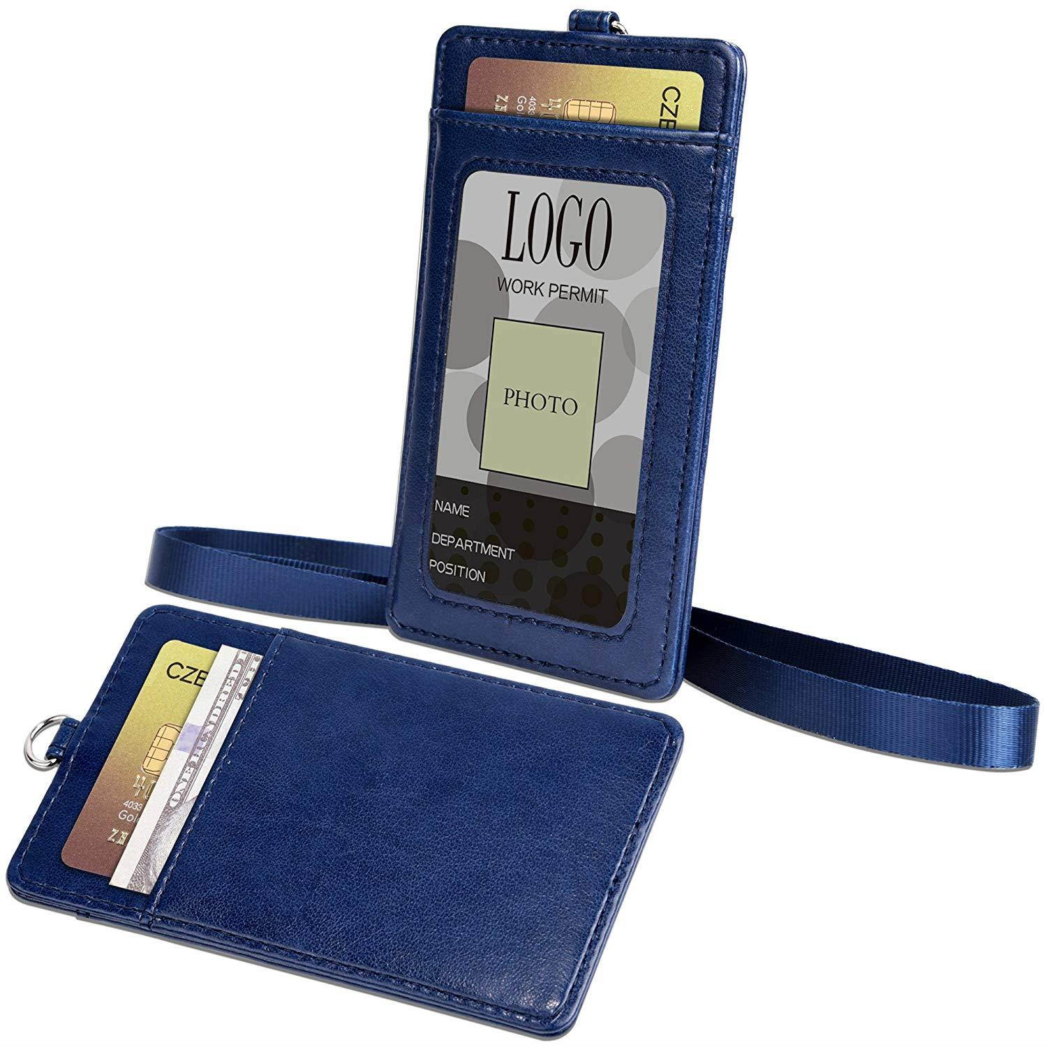Badge Holder, Arae PU Leather Vertical ID Badge Card Holder with Detachable Lanyard/Strap - Blue