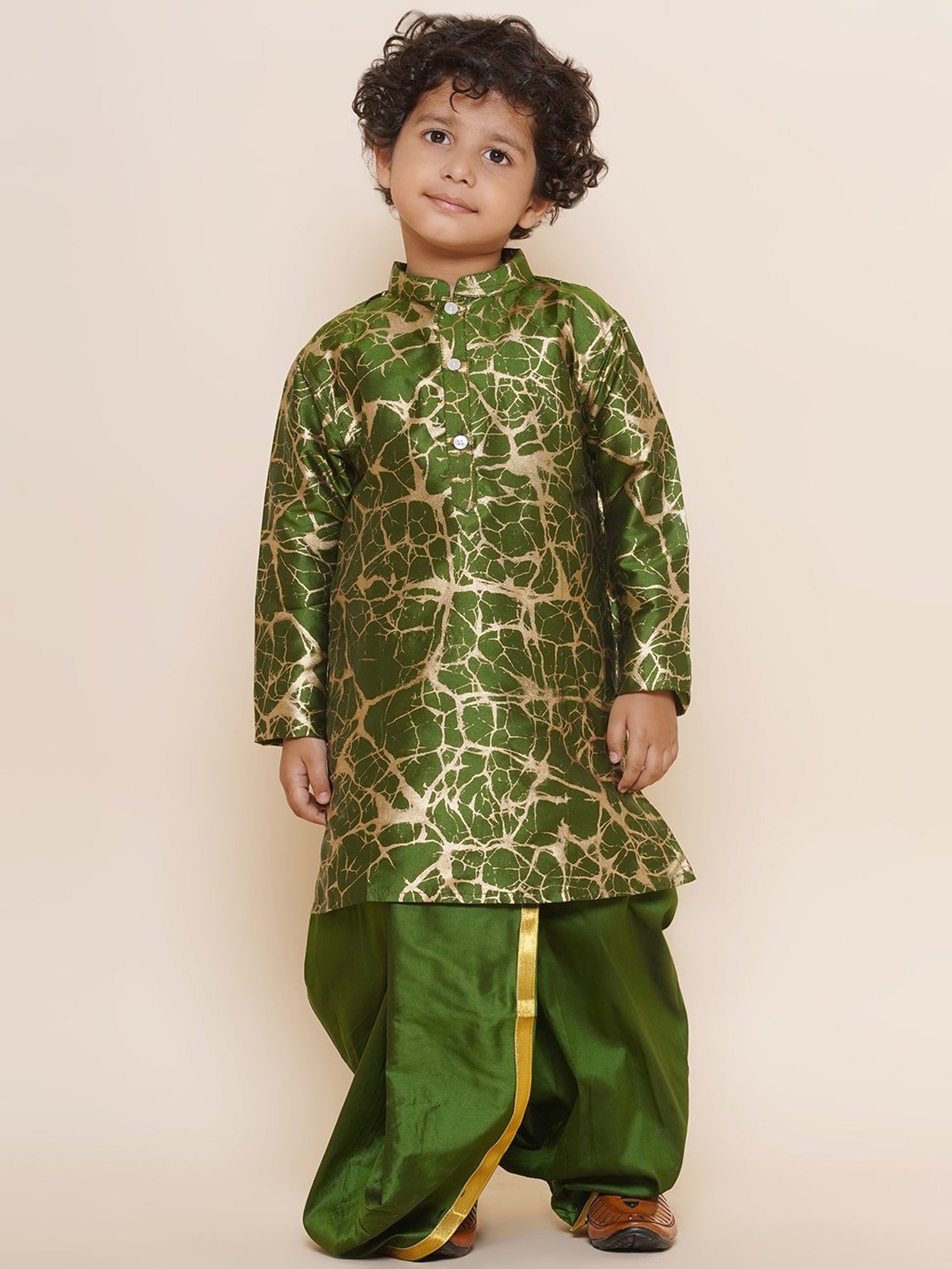 Sethukrishna Kids Olive Printed Full Sleeves Kurta With Dhoti