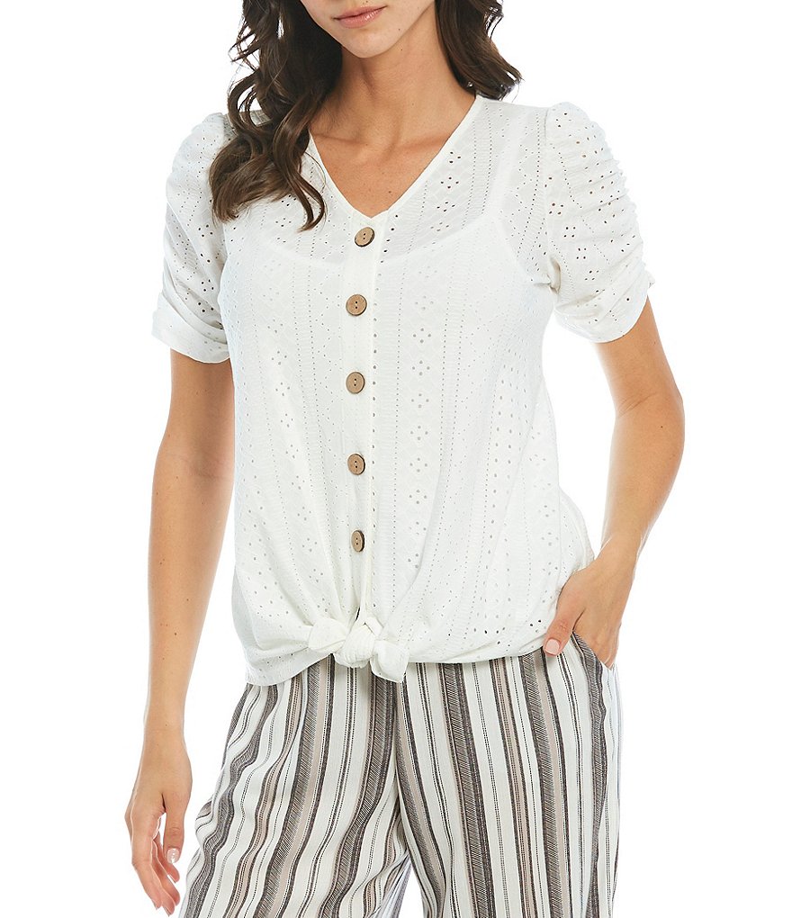 I.N. Studio Solid Eyelet Knit V-Neck Ruched Elbow Sleeve Button Down Tie-Front Top