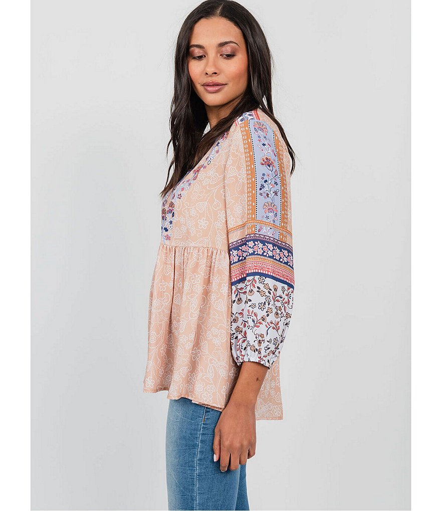 One World Apparel Mixed Floral Border Print Woven V-Neck 3/4 Sleeve Babydoll Top