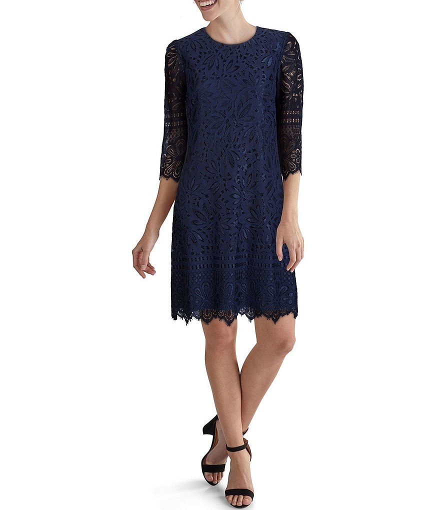 Kensie Elbow Sleeve Contrast Corded Lace Scalloped Sheath Dress