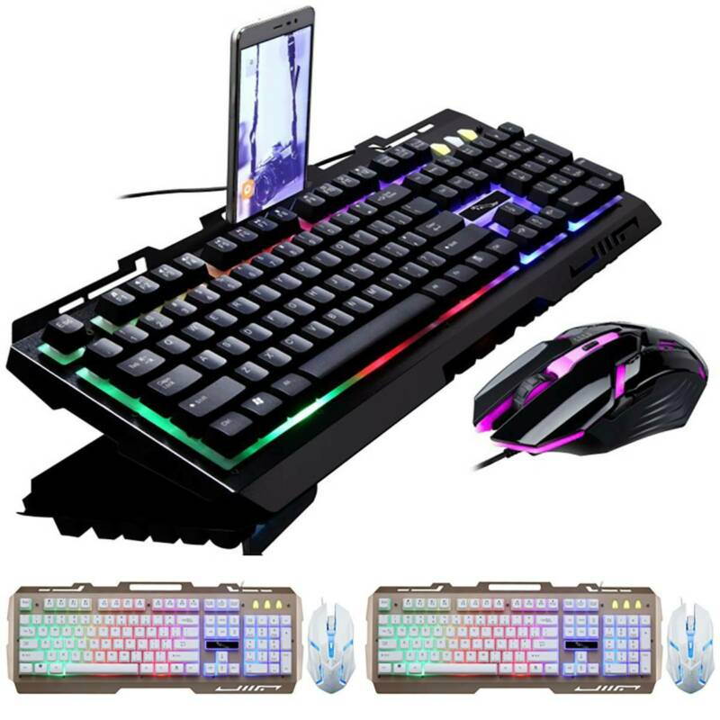 Gaming Keyboard and Mouse Combo, Keyboard Mouse Set Illuminated Rainbow LED Backlight Gaming Keyboard And Mouse Set Backlit LED Wired USB For PC ESports PS4 Xbox One and 360 Black US STOCK