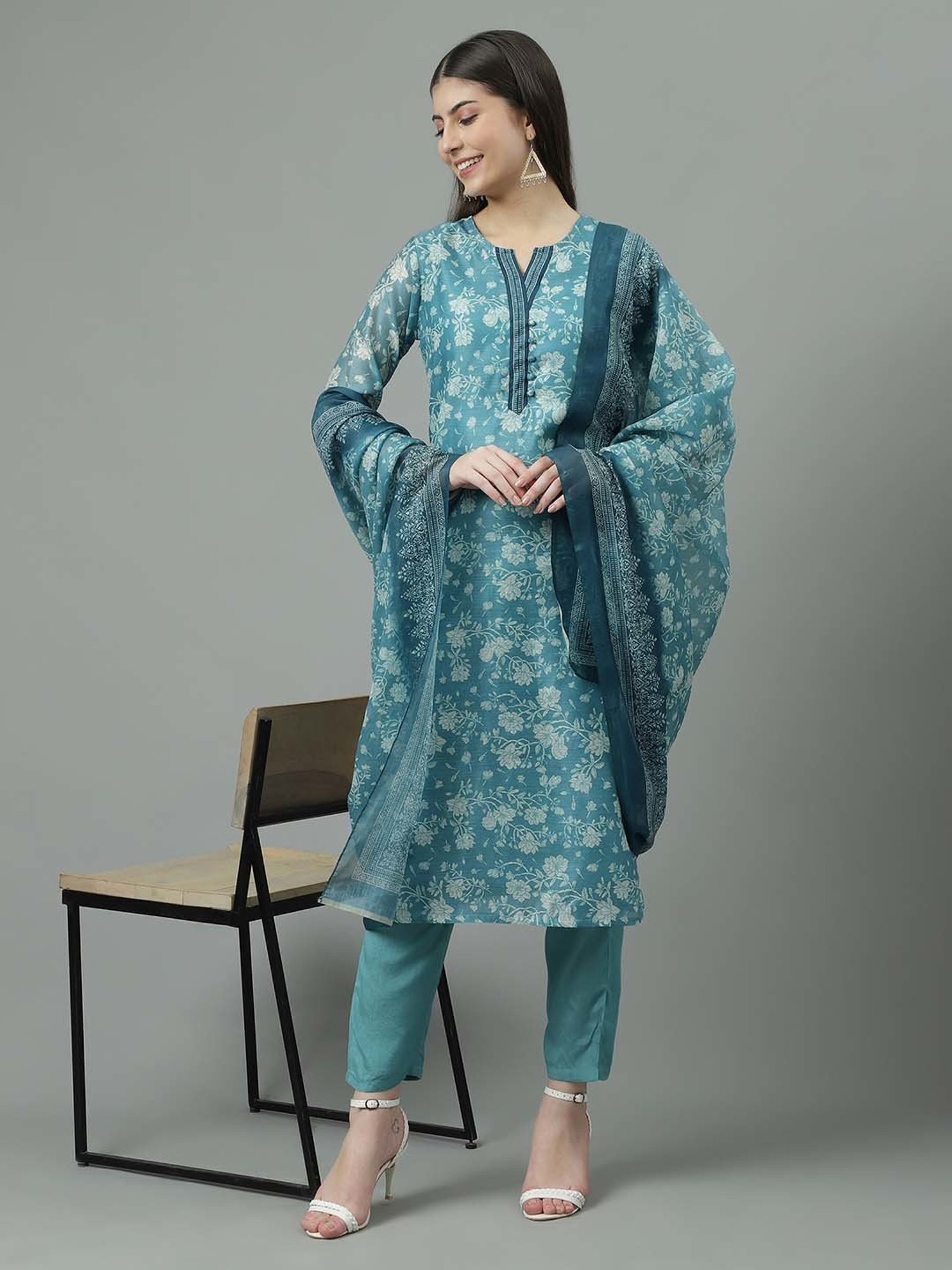 Sringam Blue Floral Print Kurta Pant Set With Dupatta
