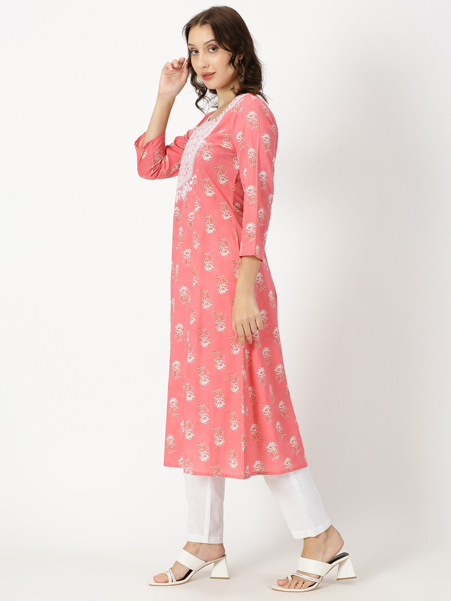 Saffron Threads Coral Floral Print A Line Kurta