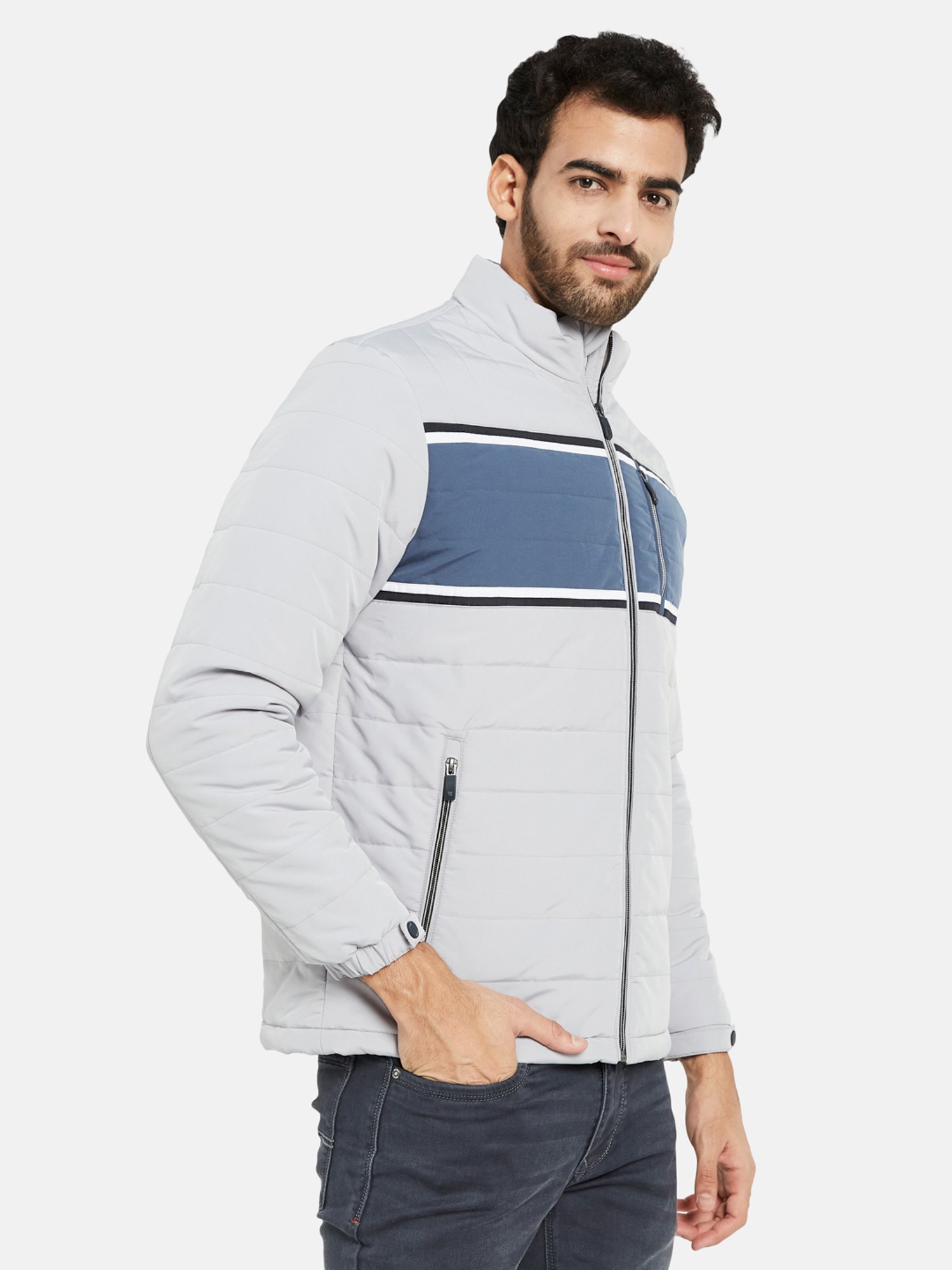 METTLE Light Grey Regular Fit Mock Collar Jacket
