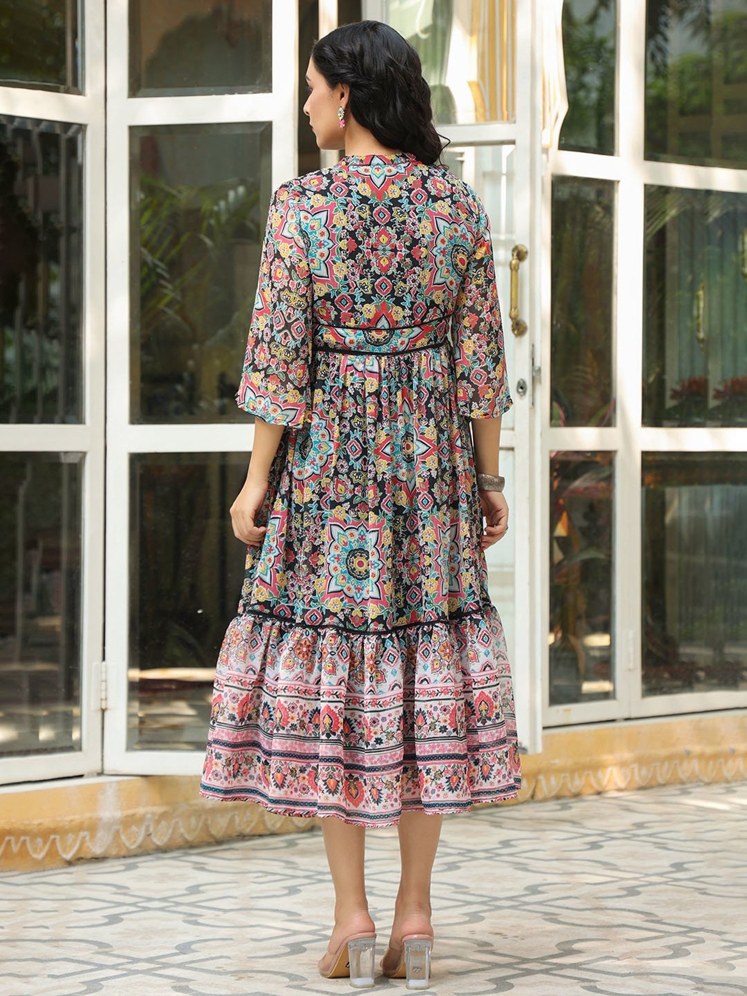 Juniper Black Geometric Printed Chiffon Tiered Maxi Dress With Buttons