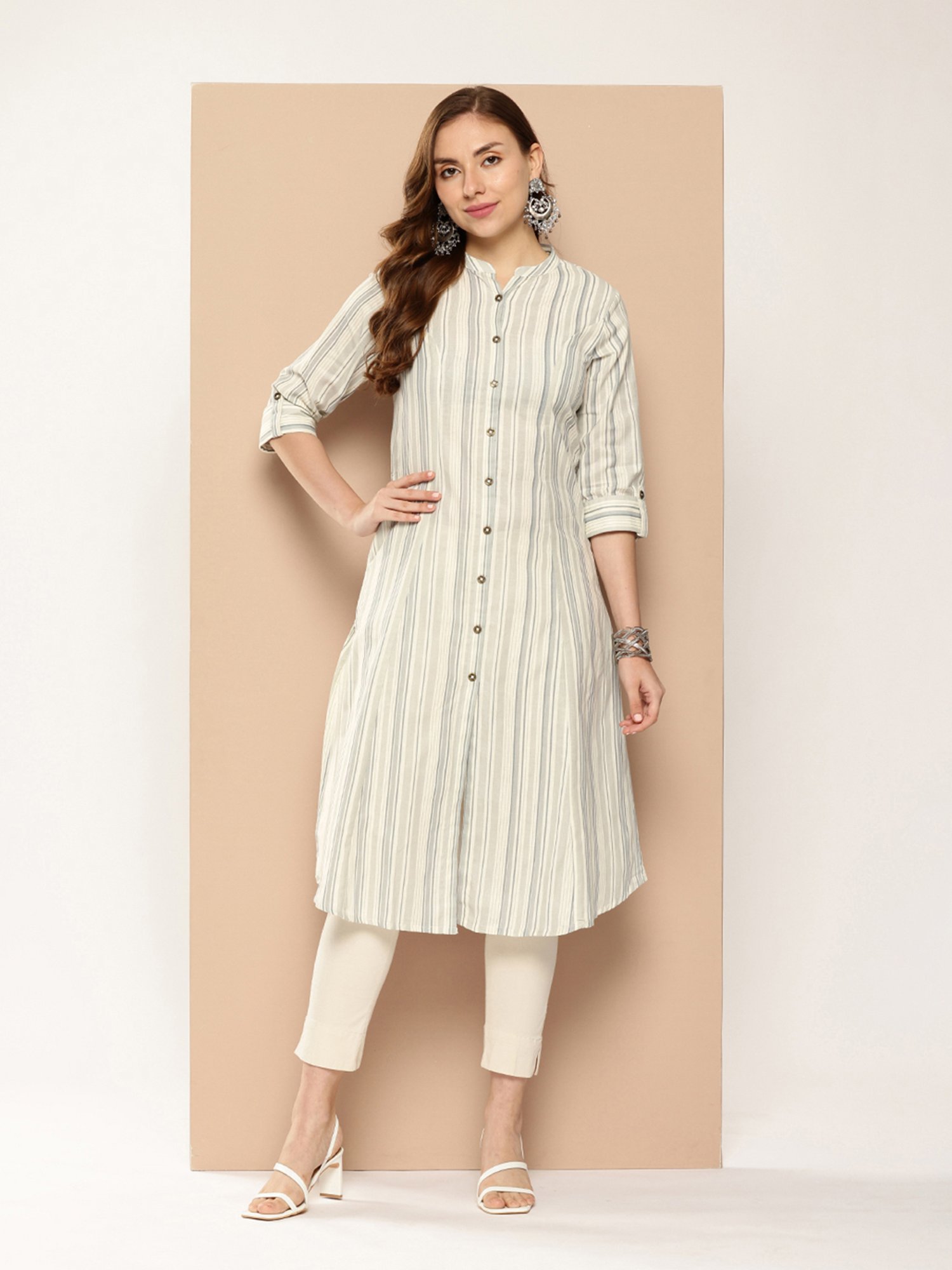 Amukti Beige Striped A-Line Kurta