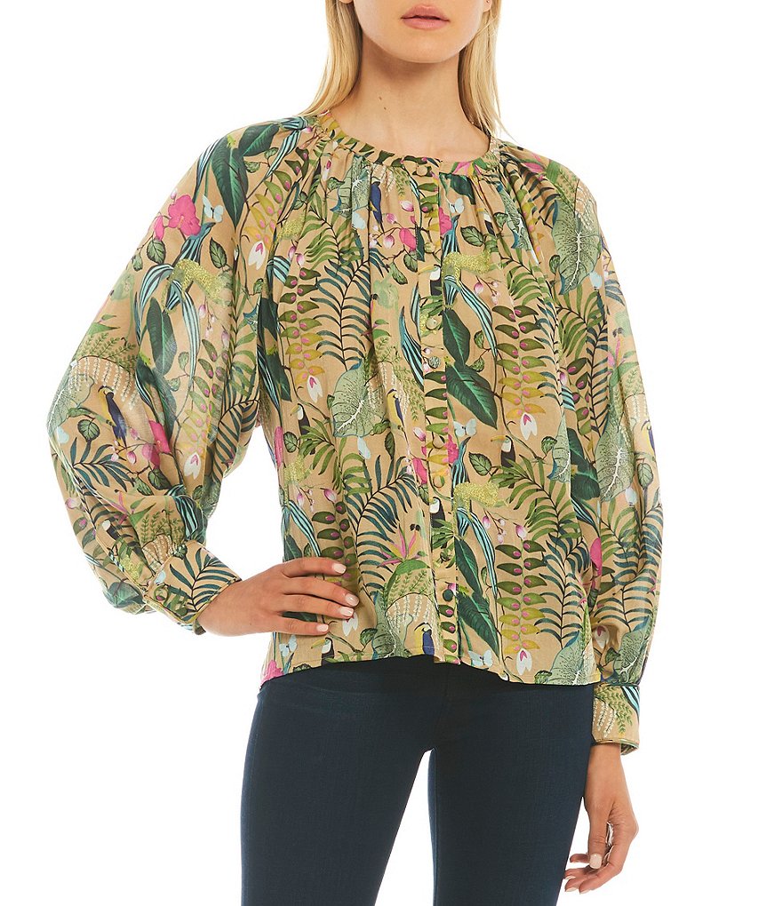 Roller Rabbit Franca Print Ada Woven Jewel Neck Long Sleeve Top
