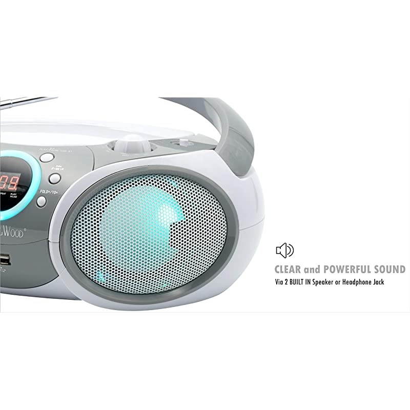 CDCDRCDRW Boombox Portablew Bluetooth USB AMFM Radio AUXInput Headset Jack Foldable Carrying Handle and LED Light Space Grey