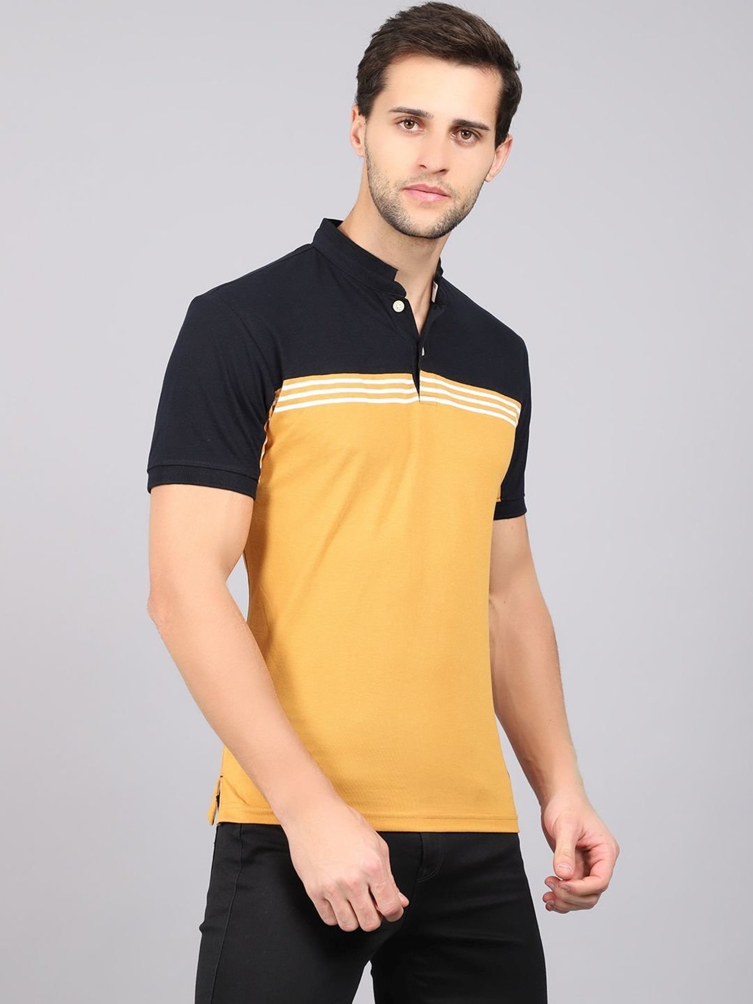 Cantabil Mustard Cotton Regular Fit Striped Polo T-Shirt