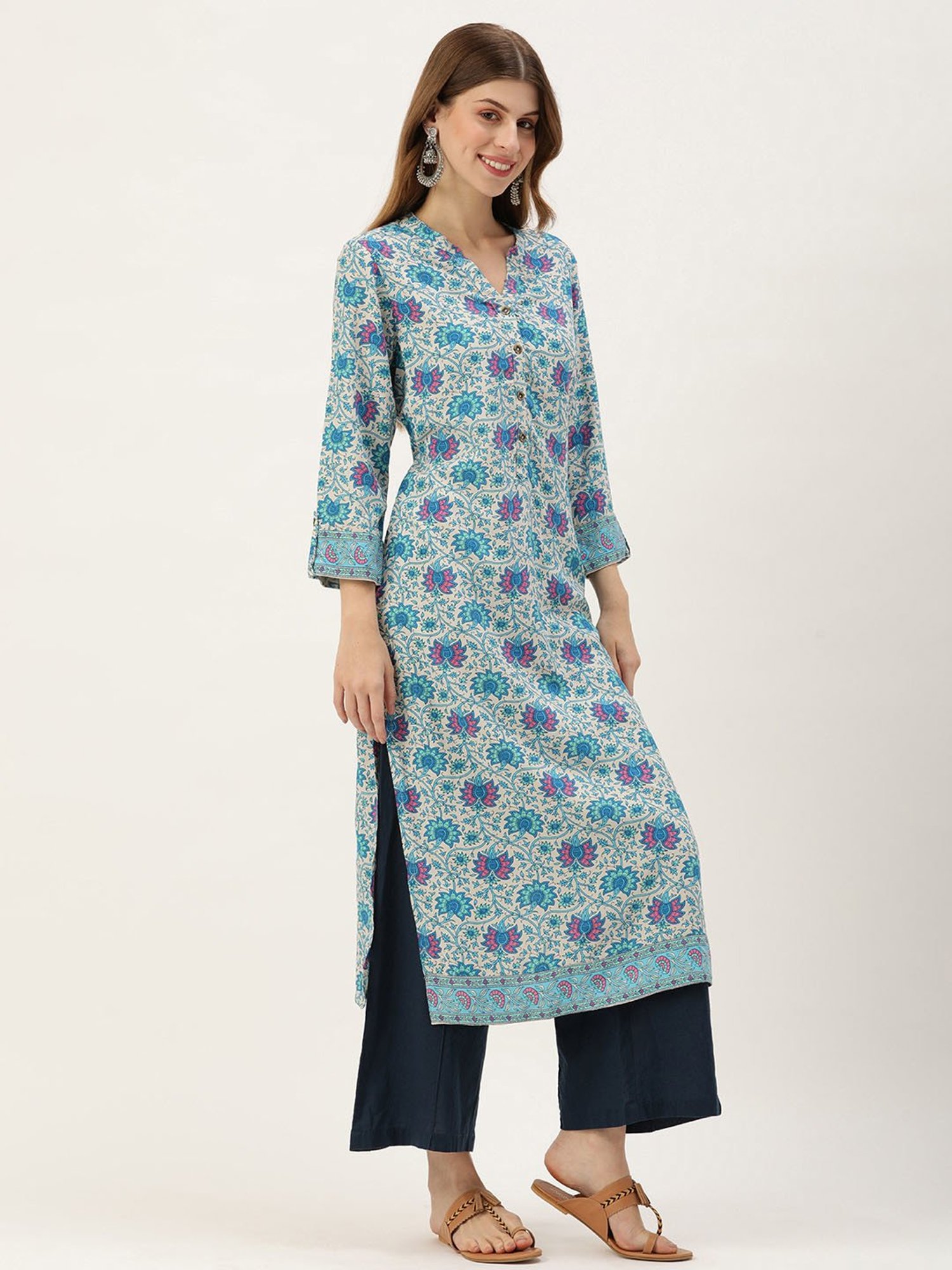 Amukti Blue Rayon Floral Print Straight kurta
