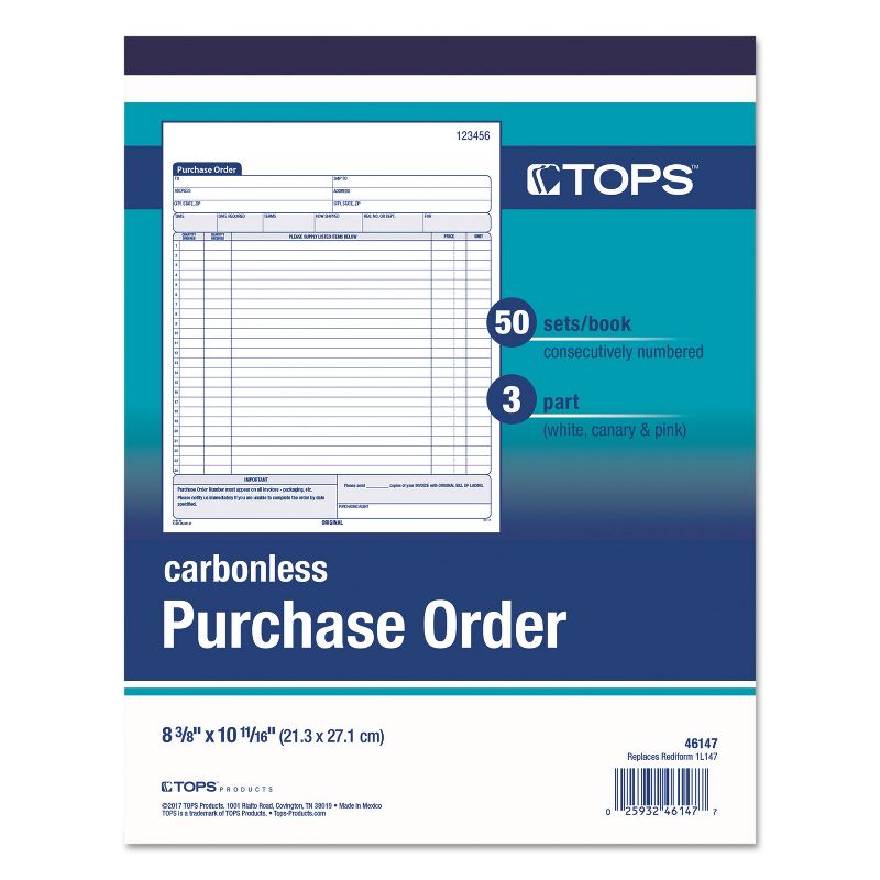 TOPS Purchase Order Book 8 3/8 x 10 3/16 Three-Part Carbonless 50 Sets/Book 46147
