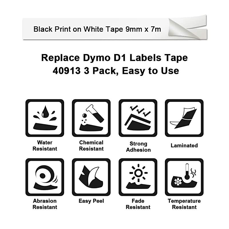 Compatible Labeling Tape Replacement for Dymo D1 Label Tape 40913 Black on White Ink Refill 38 Inch9mmx 23 Ft7m for Dymo LabelManager PnP 160 260P 210D 280 420 450D Label Maker 3P